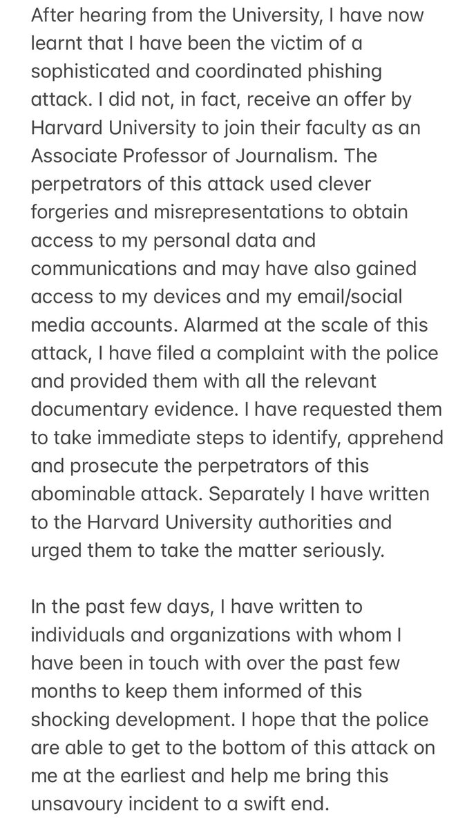 I have been the victim of a very serious phishing attack. I’m putting this statement out to set the record straight about what I’ve been through. I will not be addressing this issue any further on social media.