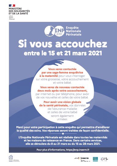 M-2 avant Enquête Nationale Périnatale 2021. Toutes les femmes qui accoucheront en France entre le 15 et 21 mars 2021 seront sollicitées #santépublique #grossesse #accouchement #périnatalité Toutes les infos sur le site enp.inserm.fr