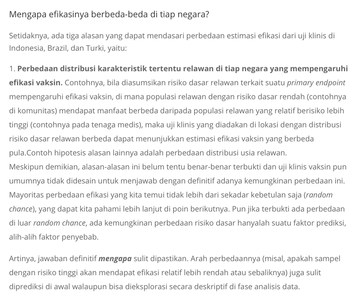 [perbedaan efikasi di lokasi uji klinis yang berbeda]kemungkinan utama:• effect modification• sampling variability• measurement bias/erroratau kombinasinya.