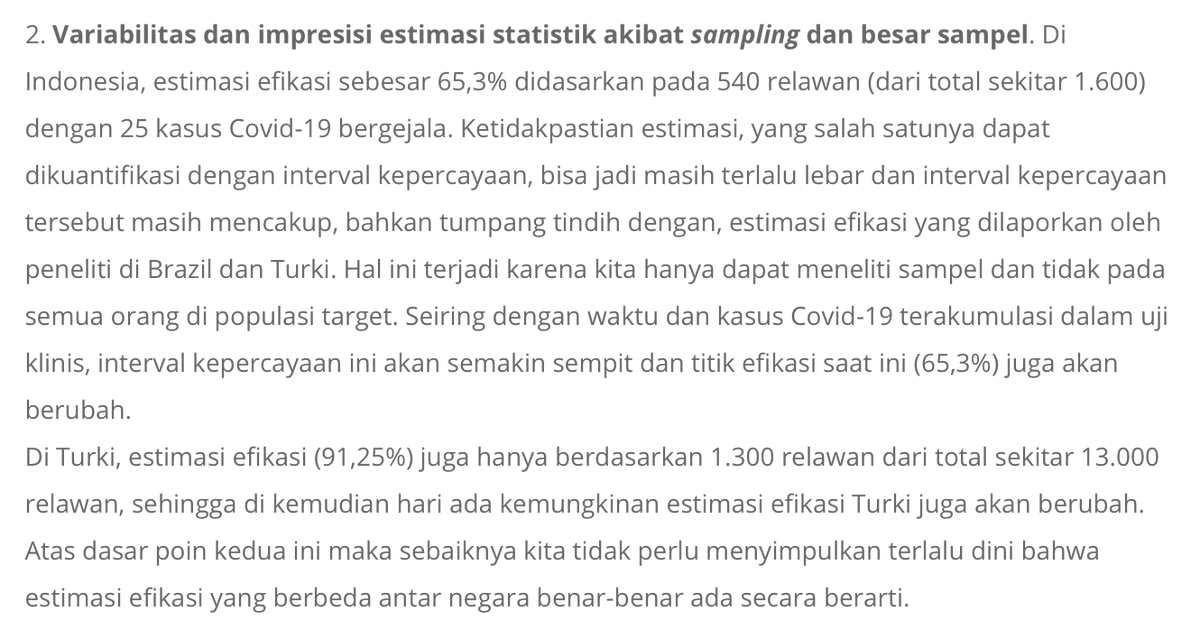 [perbedaan efikasi di lokasi uji klinis yang berbeda]kemungkinan utama:• effect modification• sampling variability• measurement bias/erroratau kombinasinya.