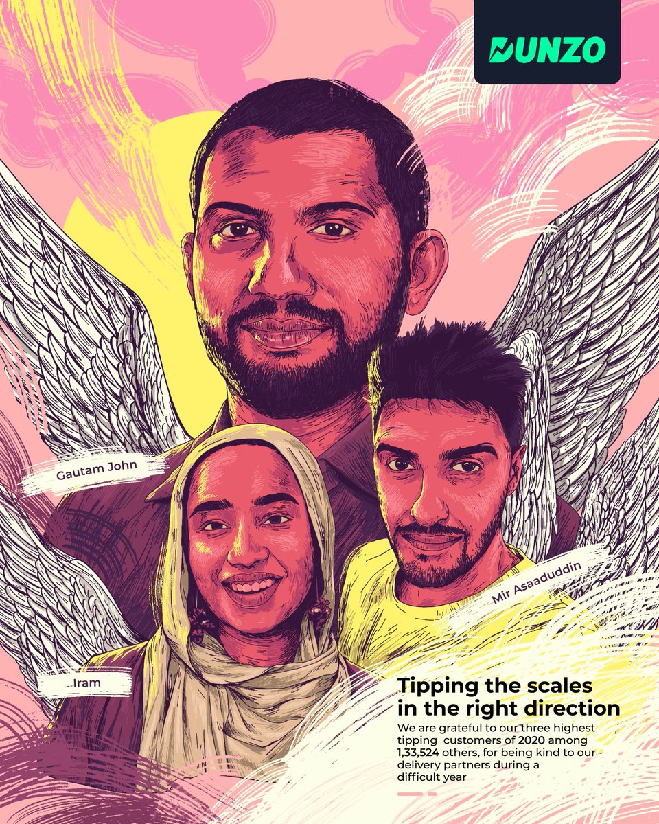 DunzoIt's tweet photo. 2020 has been year looking out for each other as a community. We are genuinely grateful to the 1,33,524 customers who opened their hearts and wallets to tip our delivery partners. Here’s a heartfelt thank you to  @gkjohn, Iram, and Mir for being our top three tippers of 2020.❤️️ https://t.co/tbK95GYuOI
