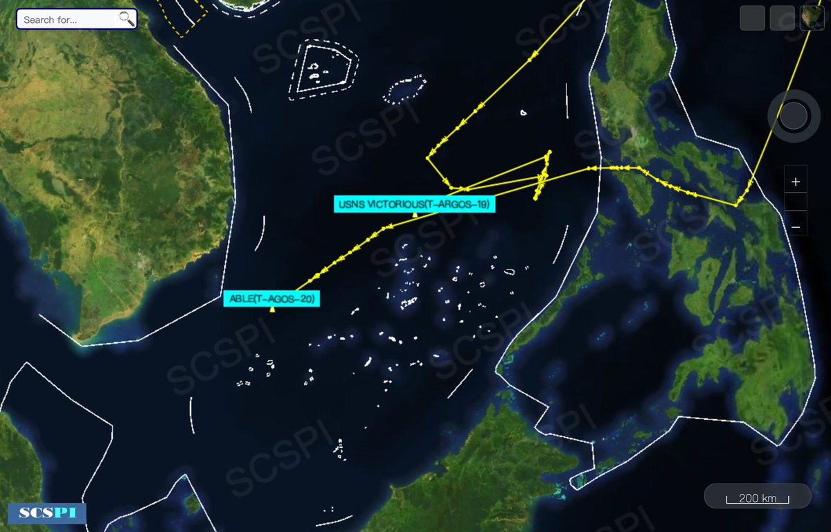 SCS_PI's tweet photo. Two US surveillance ships #USNSVictorious (367838000) and #USNSAble (367837000) have been operating near the #SpratlyIslands in the #SouthChinaSea, since Jan 4 and Jan 11 respectively. https://t.co/pxBCY6kCMg