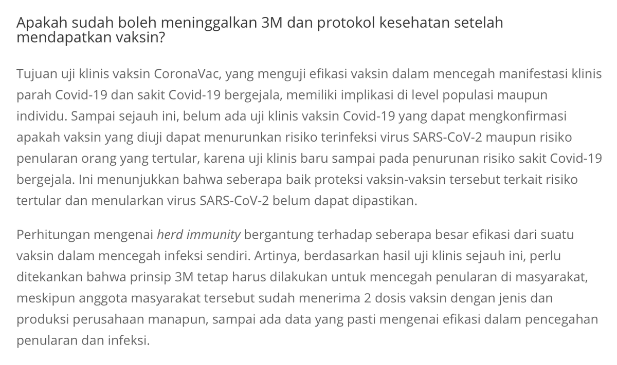 [apakah upaya 3m 3t pascavaksinasi?]kembali pada poin pentingnya memahami outcome apa yang dipelajari dalam uji klinis vaksin covid yang ada saat ini.upaya penanganan pandemi oleh pemerintah dan perilaku masyarakat dibatasi oleh data empiris yang ada saat ini.