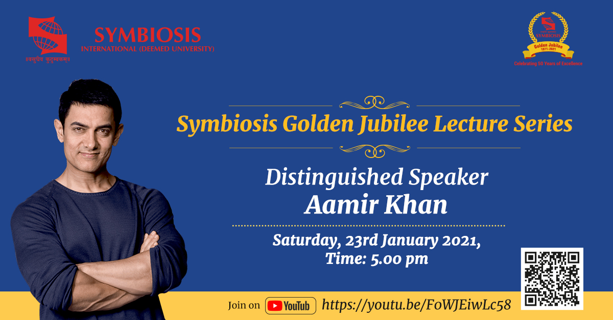 symbiosistweets's tweet image. Symbiosis is honoured to host the distinguished actor Aamir Khan at its Golden Jubilee Lecture Series on 23rd January 2021, at 5.00 pm.

@aamir_khan