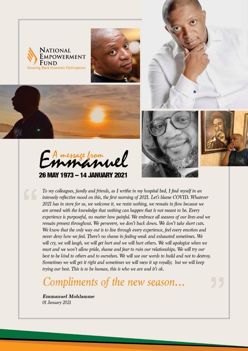 IamSindyMabe's tweet photo. .@NEFCORP
National Empowerment Fund
Remembering our dear brother, friend and colleague Rre @imanu70 Emmanuel Mohlamme who had the fortitude to pen his emotions as witness to his remarkable character.
#RIPMANU https://t.co/RaZubWEAbg