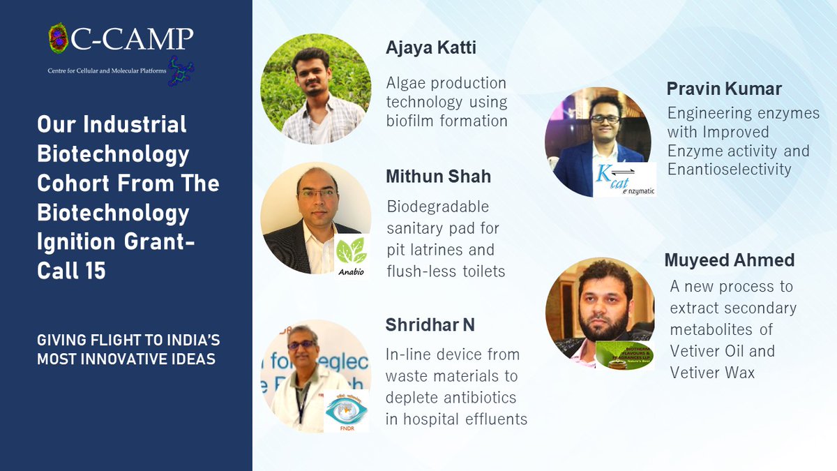 Unveiling CCAMP #BIG cohort 15 with innovations in #IndustrialBiotech!

With solutions in #algal production, #sanitation to technologies for effluent treatment, enzyme engineering &amp; secondary metabolites, CCAMP #BIG cohort-15 boasts many innovative solutions

Apply to #BIG today!