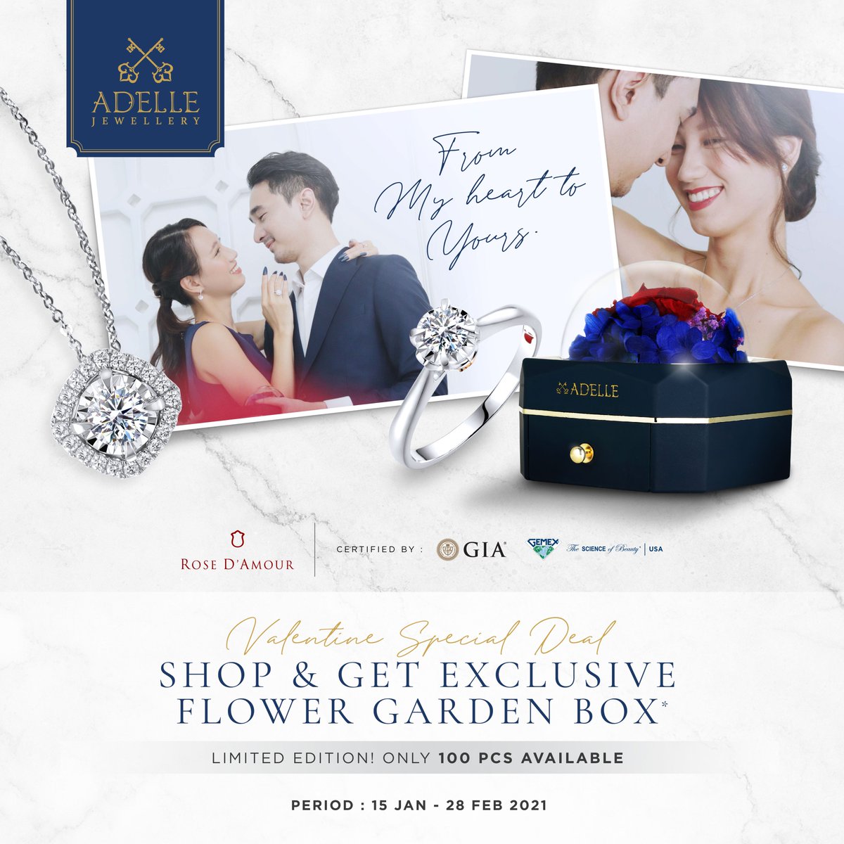 Bonjour!
Enjoy Valentine special deal from Adelle Jewellery, from our heart to yours:

SHOP AND GET EXCLUSIVE FLOWER GARDEN BOX
(Limited for the first 100 customers)

Period: 15 January - 28 February 2021

Visit Adelle Jewellery TSM Bandung Store to get this promo!

*TnC Apply