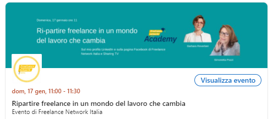 #17gennaio appuntamento con la diretta su LinkedIn e su pagina FB con Barbara Reverberi e Simonetta Pozzi per parlare dell'Academy per #freelance e dei primi corsi. 
Ti aspettiamo! 
#FLNAcademy #formazione #insiemeémeglio 

linkedin.com/events/riparti…