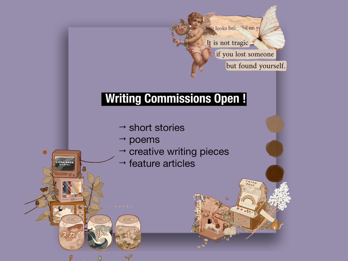 i also commission short stories, poems and creative writing articles ! 

please dm me if you need one 🖤 !

#commision #commissionsopen #AcademicTwitter #academiccommission #studytwtph #studytwt #academicservice #academicresources #studyresources #writingcommissions #shortstories