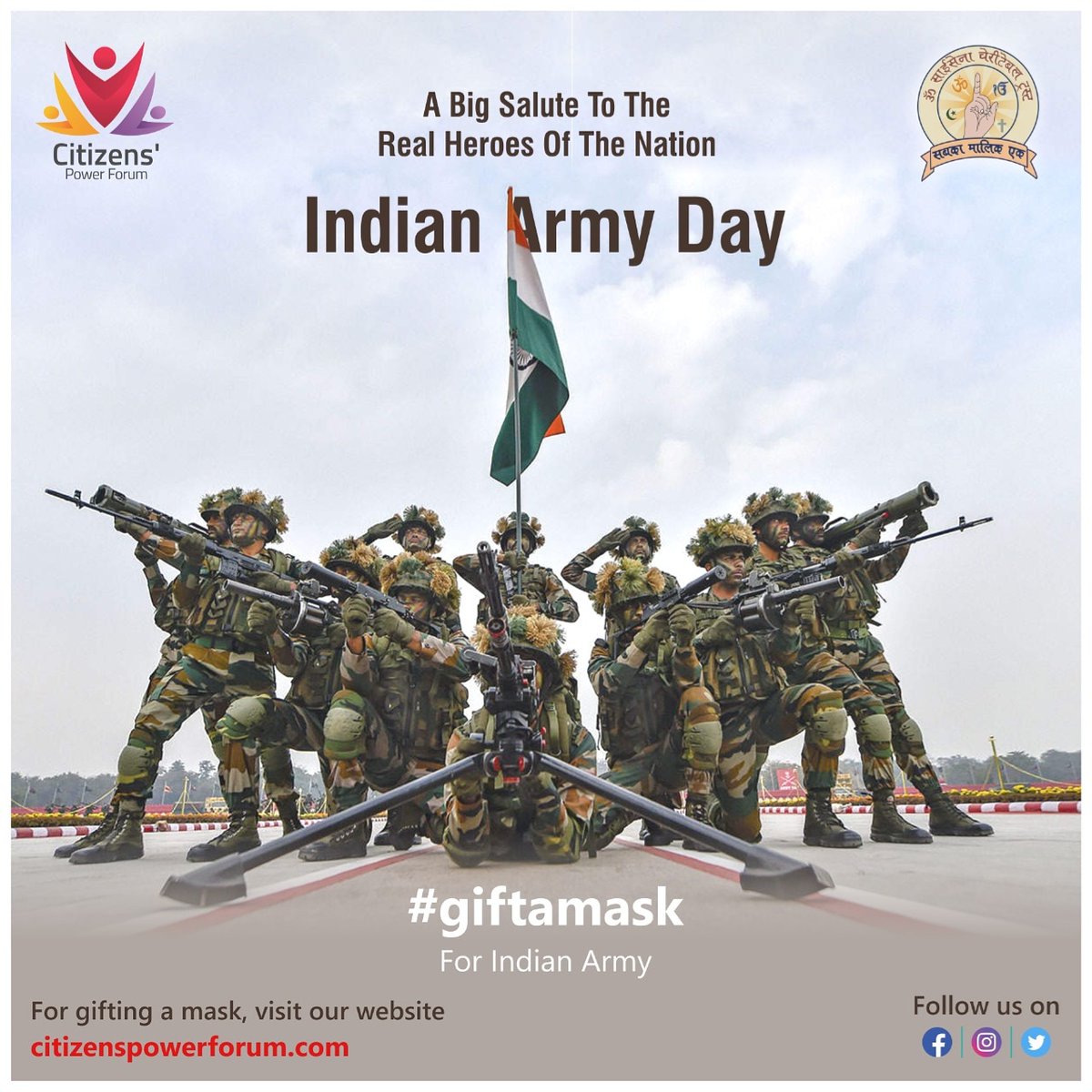 CitizenPowerFo1's tweet photo. Saluting the brave hearts for battling on the borders to keep us safe &amp; secure. 

#IndianArmyDay2021 #IndianArmyDay #IndianArmy #CitizensPowerForum #CFP https://t.co/Wc4fyM5l08