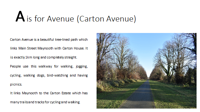 1. Taking inspiration from  @DolanGalway book Powerful Primary Geography & the local encyclopdia of Granard 'Granapedia' by children of  @SHPSGranard I created a  #homeschooling  #lockdown geography project 'My Locality from A to Z'. Eg of Maynooth. Templates for teachers available