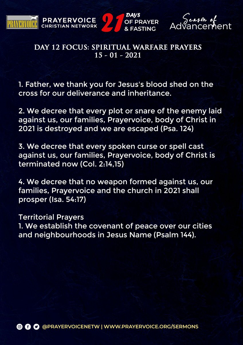 WeAreTDCI's tweet photo. PrayerVoice 21 Days Prayers and Fasting for 2021⠀⠀
#PrayerFocus #Day12
#SeasonOfAdvancement #WarfarePrayers
#BloodOfJesus #Protection #KingdomInheritance #JesusIsLord https://t.co/sTaAqP6wBi
