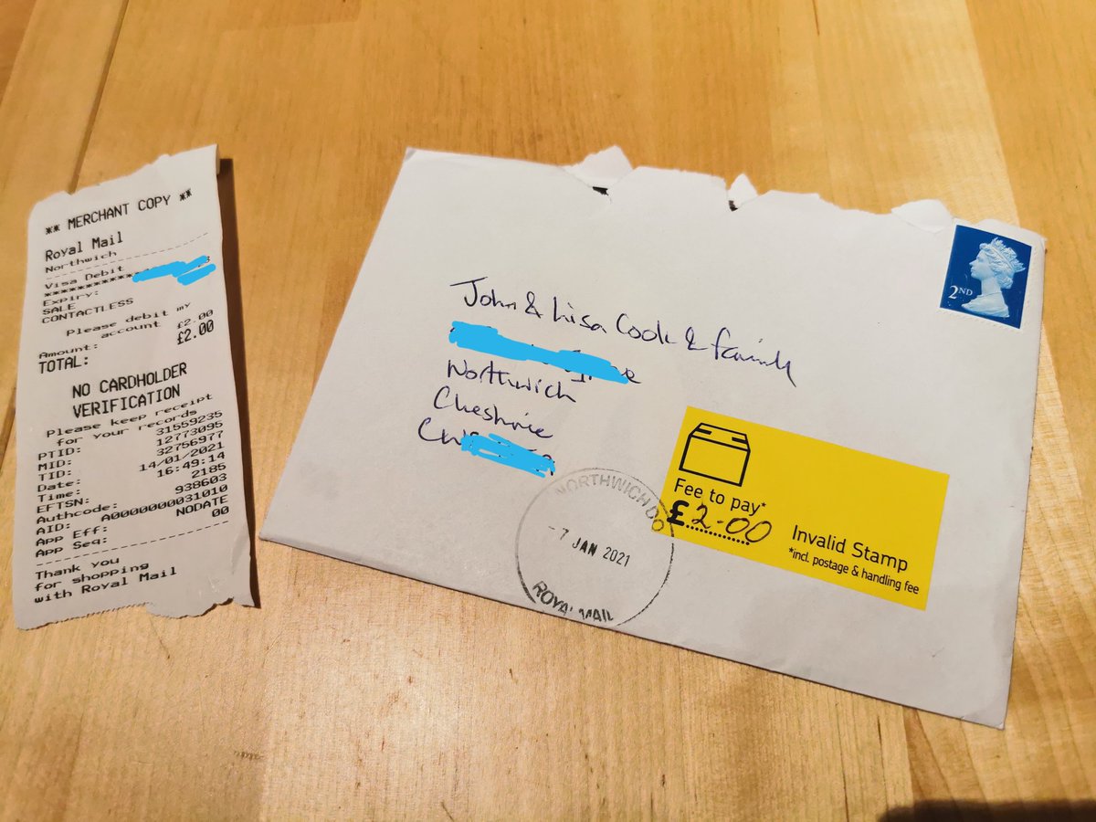 graphishUK's tweet photo. @RoyalMail please can you explain what was wrong with this stamp that we had to pay £2 for picking up an old Christmas card! https://t.co/Ea1xnNxJ1S