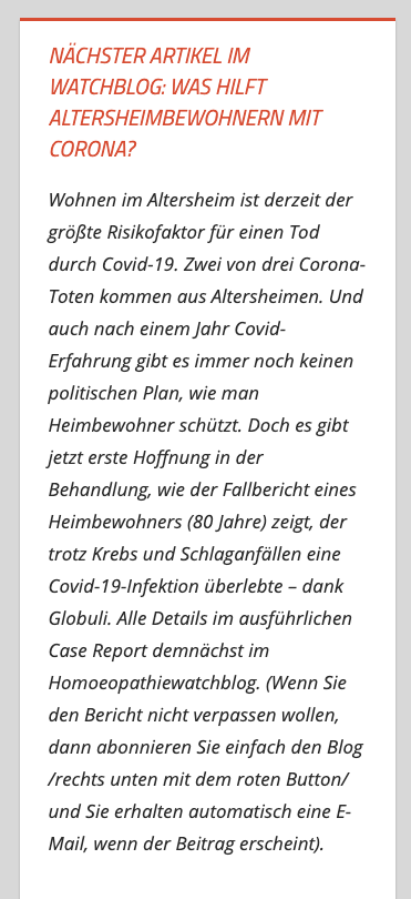 Wer im Altersheim wohnt, hat ein hohes Risiko, an Covid-19 zu sterben - auch, weil es 1 Jahr nach Covid-Start immer noch kein Konzept der Politik gibt, Ältere zu schützen. Wieder einmal gibt es jedoch Hoffnung durch #Homöopathie. Mehr dazu demnächst im Homoeopathiewatchblog.de