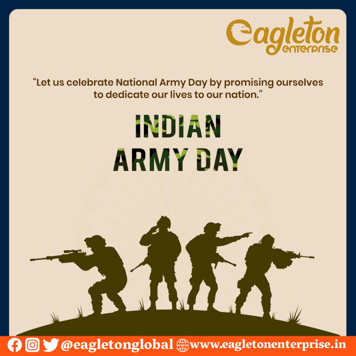 eagletonglobal's tweet photo. A big salute to our #IndianArmy &amp; their families for always standing tall &amp; brave, our warriors are always thr to protect us. Thank you for your selfless service 🙏Jai Hind 🇮🇳 #indianarmyday https://t.co/uZxvOIMuMf