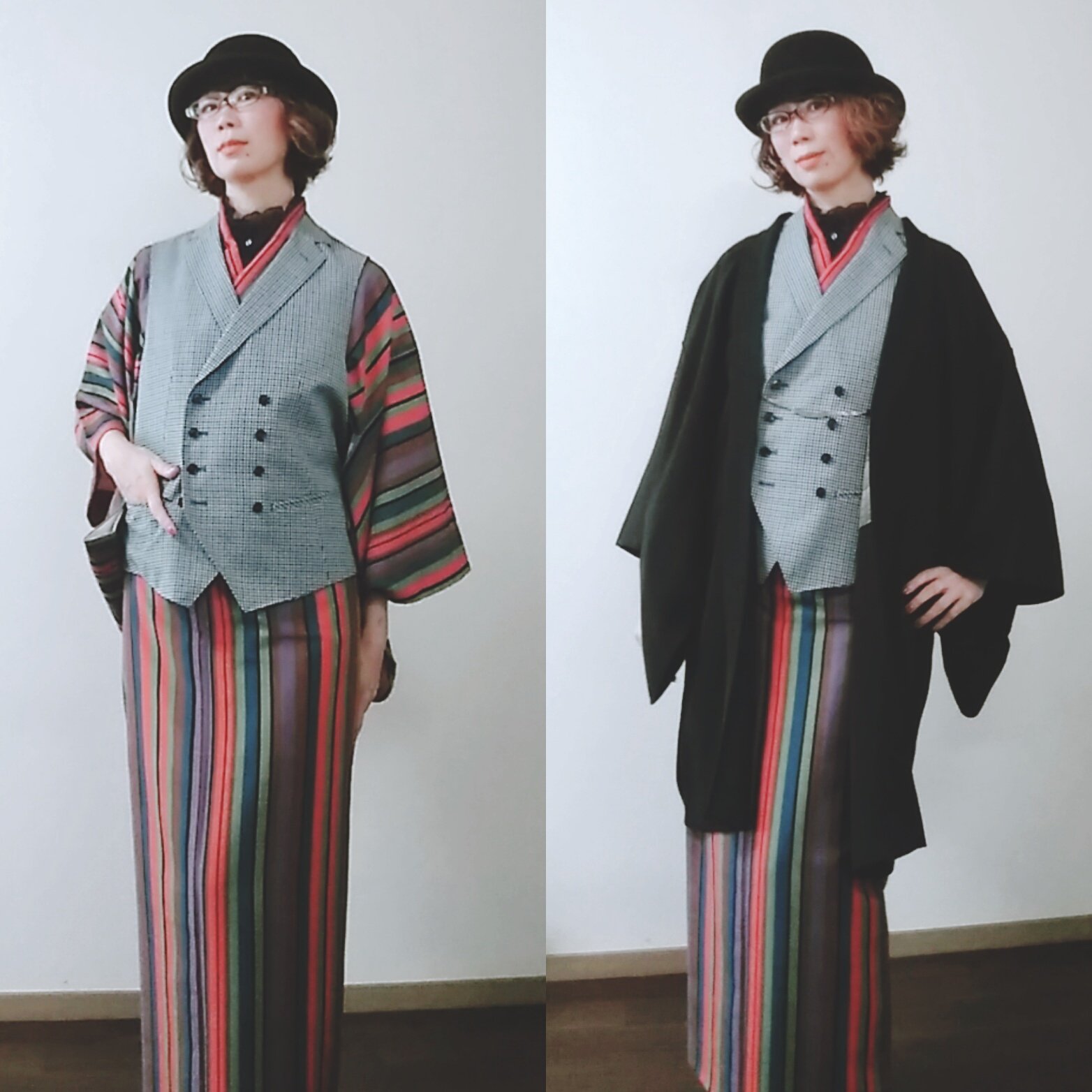 Twitter 上的 結城花音 夫婦で和洋ミックス着物 和洋もジャンダーもミックスしたスタイル レースのブラウスに染め紬の着物 女物 ベストに黒羽織にボウラーハット 男物 帯なしです 着物と認識されてない気がしましたが それもよしです 着物 普段着物 Kimono