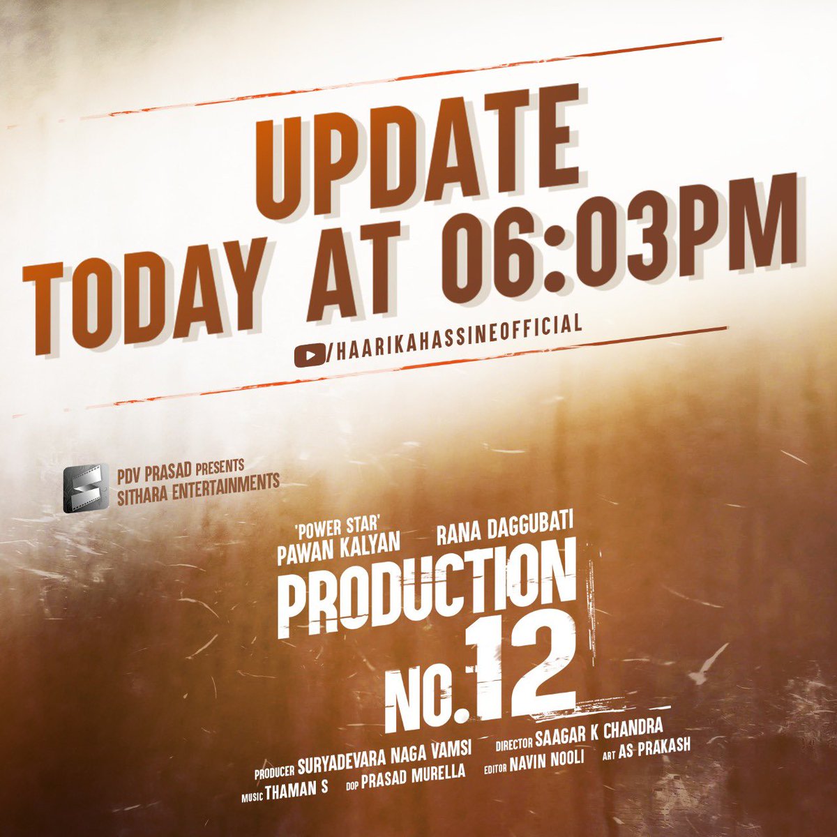 venupro's tweet photo. An exciting update coming your way, Today at 06:03pm! 🤩

Stay tuned - https://t.co/T9gQVk5CDX 

#PSPKRanaMovie @PawanKalyan @RanaDaggubati @MusicThaman @saagar_chandrak @vamsi84 @sitharaents https://t.co/iH36X7zTj2