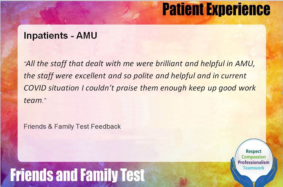 WalsallHcareNHS's tweet photo. Fantastic feedback received for AMU #FeedbackFriday #PatExpWalsall #WalsallandProud https://t.co/dFTC6oVAgy