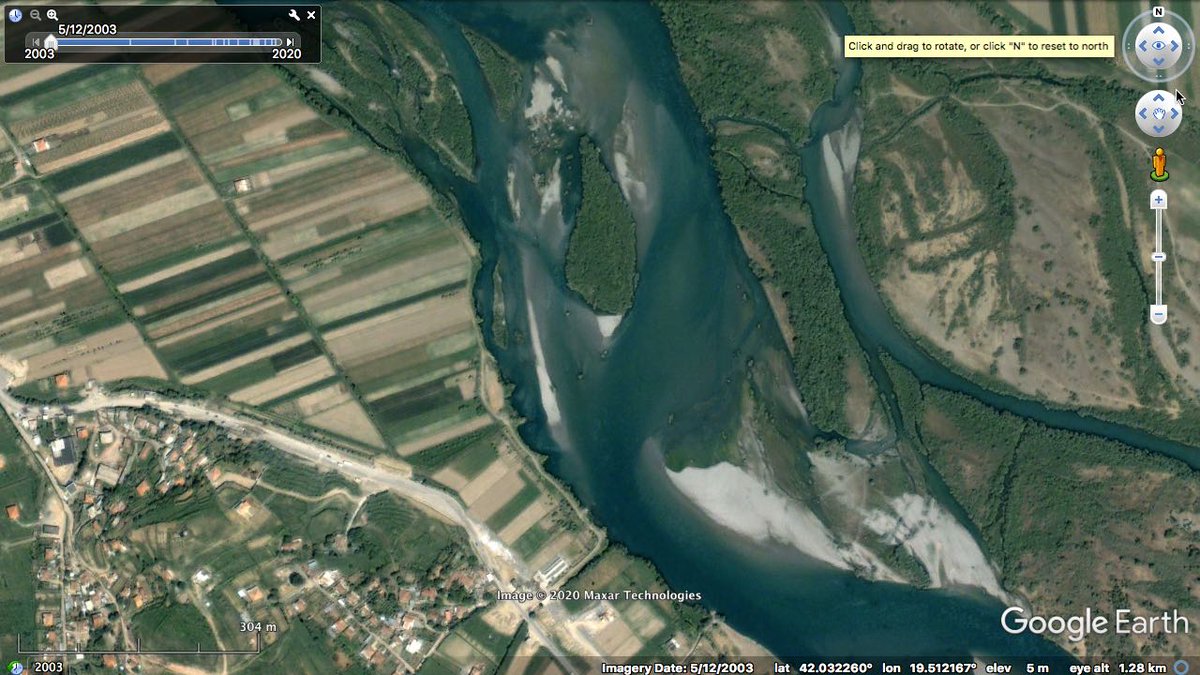 The Drin River is quite dynamic upstream of the confluence. This is the same part of the river in 2003, 2009, 2012 and 2020. Channel locations change a lot in just that 17 year period. Not sure if all natural or related to some sort of human activity. (end thread)