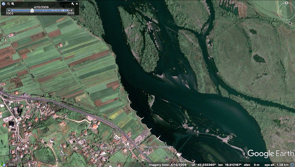 The Drin River is quite dynamic upstream of the confluence. This is the same part of the river in 2003, 2009, 2012 and 2020. Channel locations change a lot in just that 17 year period. Not sure if all natural or related to some sort of human activity. (end thread)
