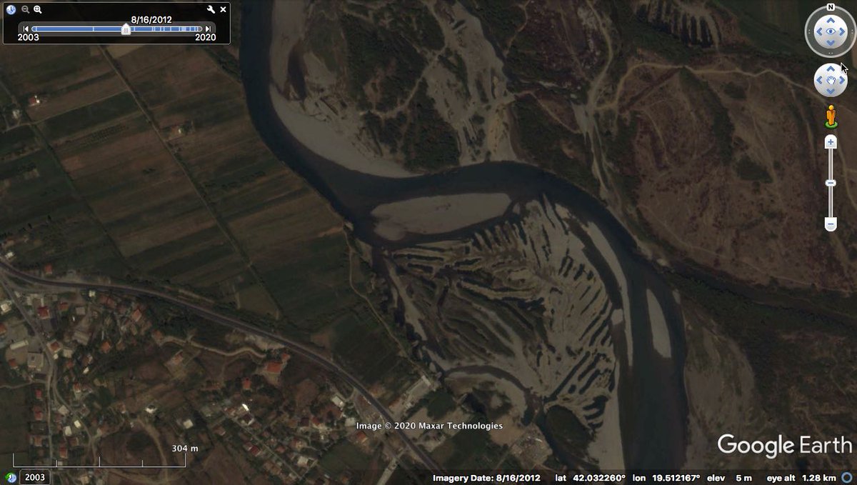 The Drin River is quite dynamic upstream of the confluence. This is the same part of the river in 2003, 2009, 2012 and 2020. Channel locations change a lot in just that 17 year period. Not sure if all natural or related to some sort of human activity. (end thread)