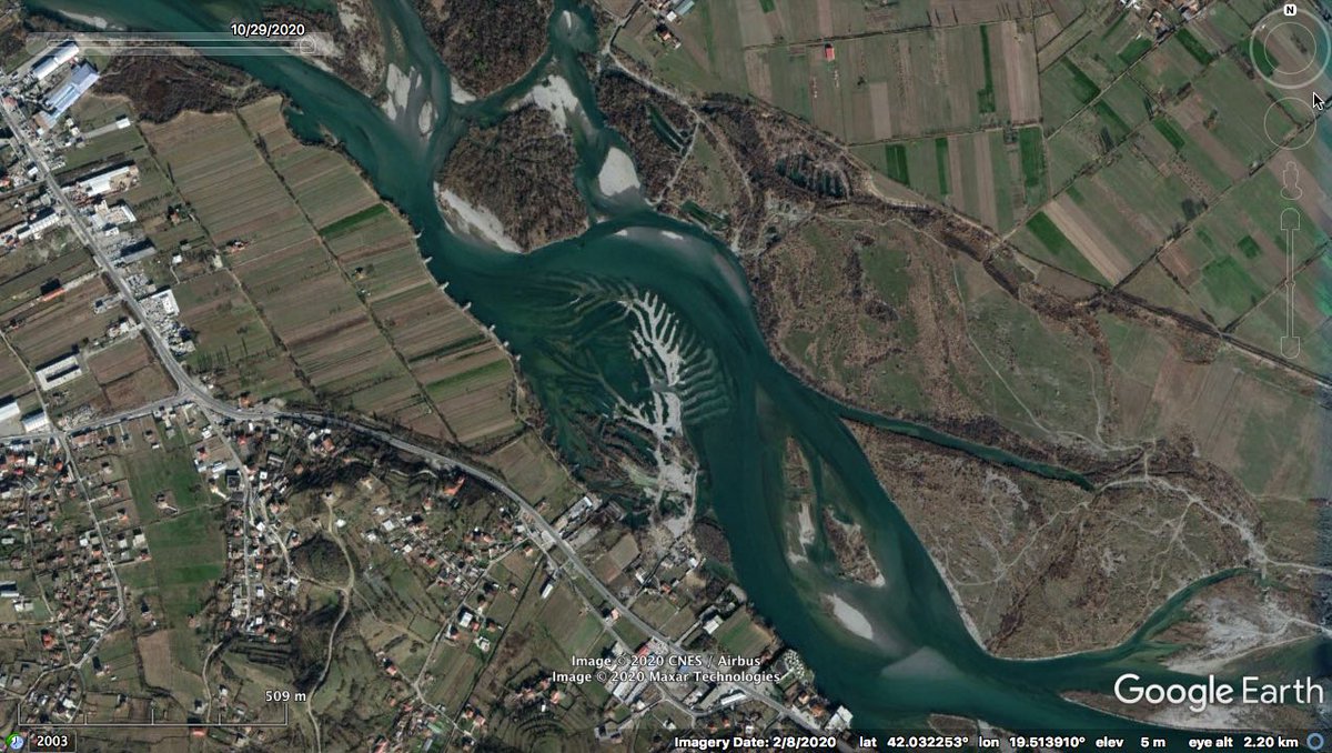 The Drin River is quite dynamic upstream of the confluence. This is the same part of the river in 2003, 2009, 2012 and 2020. Channel locations change a lot in just that 17 year period. Not sure if all natural or related to some sort of human activity. (end thread)