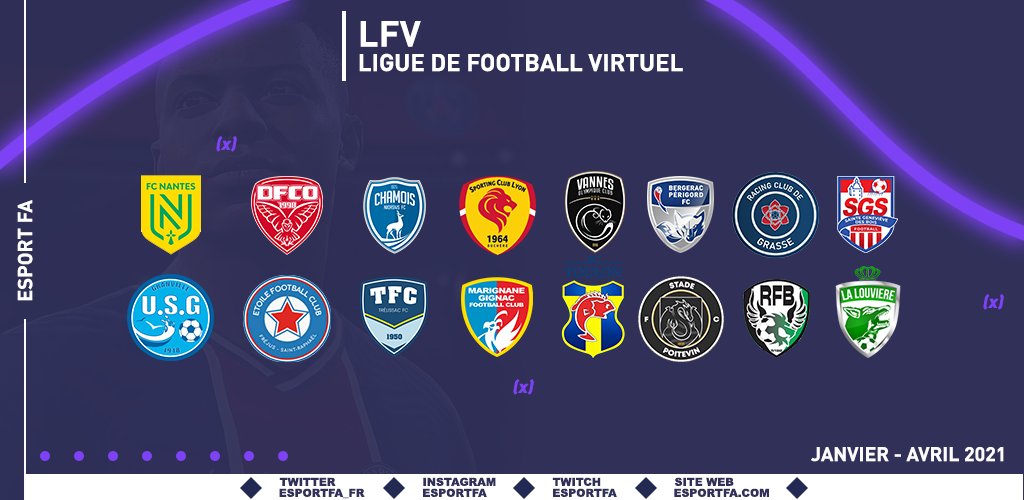 La Ligue de Football Virtuelle est composée de 16 équipes eFoot affiliées à des clubs de football francophones.

Retrouvez-nous tous les Lundis à partir du 18 Janvier 2021 🗓