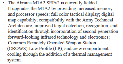 SEPv2 is fielded, but has been augmented with the Israeli Trophy APS, which is also being looked at for the UKs Challenger 2, as an aside, and will go on SEPv3 too. Upgrades are listed above.