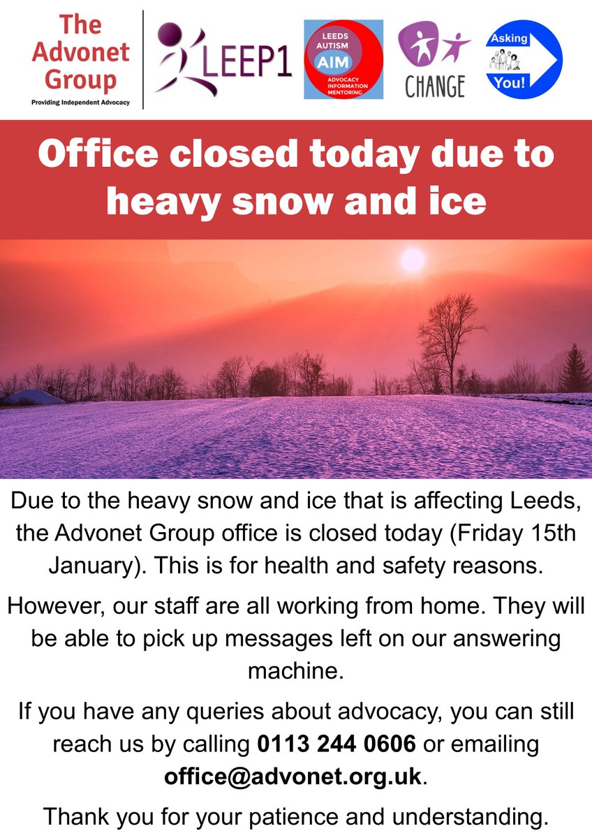AdvonetUK's tweet photo. Due to the #LeedsSnow that has affected the city, our office is closed today. We can still be reached by phone and email; call 0113 244 0606 or email office@advonet.org.uk if you're in #Leeds have any #advocacy queries https://t.co/EGRUhmwlfb