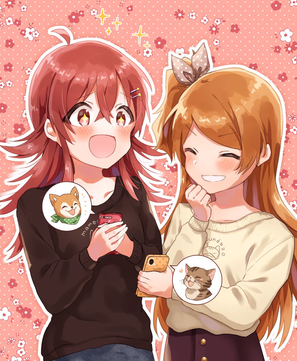 komiya kaho multiple girls 2girls long hair smile red hair phone holding  illustration images
