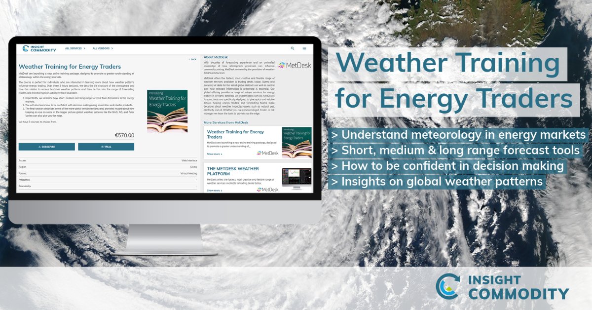 InsightCom_eex's tweet photo. +++NEW Product+++

Learn more about how #weather patterns influence #energy #trading. Our partner @metdesk is launching a new online training package to understand meteorology within the energy markets: https://t.co/XC8pDNrCvg

#insightcommodity #poweredbyeex #training 
@eexgroup https://t.co/tr9WAfrzDI