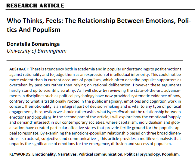 Another important article exploring the relationship between emotions & populist nationalism in contemporary societies where  #capitalism,  #individualism &  #globalisation have created particular affective states that provide fertile ground for the populist appeal to resonate.