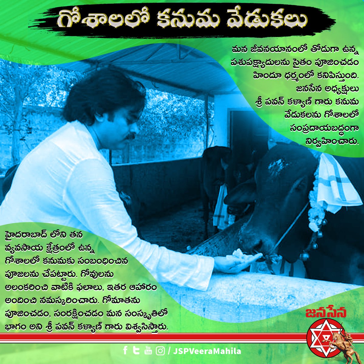 JSPVeeraMahila's tweet photo. మన జీవనయానంలో తోడుగా ఉన్న పశుపక్ష్యాదులను సైతం పూజించడం హిందూ ధర్మంలో కనిపిస్తుంది. @JanaSenaParty అధ్యక్షులు శ్రీ @PawanKalyan గారు కనుమ వేడుకలను హైదరాబాద్ లోని తన వ్యవసాయ క్షేత్రంలో ఉన్న గోశాలలో సంప్రదాయబద్ధంగా 
నిర్వహించారు. https://t.co/XptBVygFoV