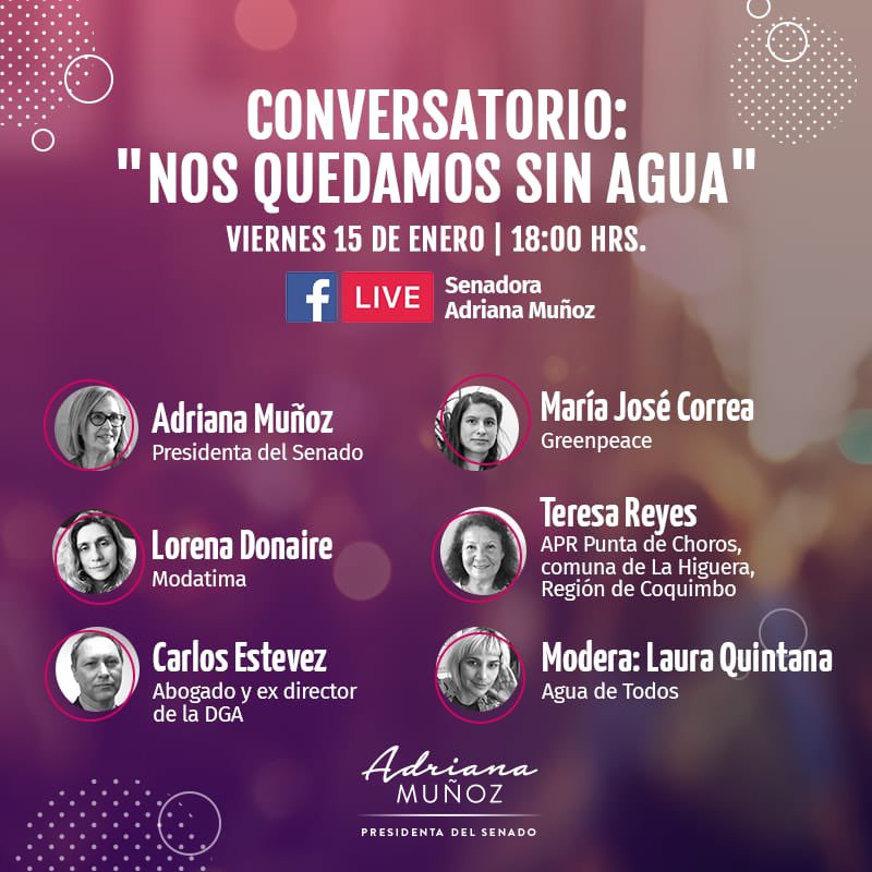 AguadeTodosCL's tweet photo. Hoy 18:00 “Nos quedamos sin agua”: @_adrianamunoz / @Senado_Chile, Mª José Correa/ @GreenpeaceCL, Lore Donaire @ModatimaMujeres, Carlos Estevez/ ex director DGA, Teresa Reyes / APR Punta de Choros, Coquimbo. modera nuestra coordinadora Laura Quintana  @nenanerd https://t.co/FgFMlB7lNB
