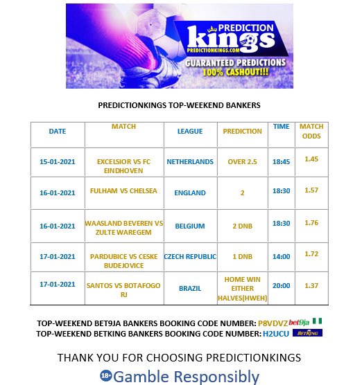 P_kingsltd's tweet photo. Make huge profit with our top weekend bankers for free!!!
Guaranteed predictions, 100% cash-out .
#predictionkings #weekendbanker #top #betting #freepreset #free #fixedmatch #match #skybetchampionship #epl #england #uk #unitedstates #tgif #fridaytips #fridaypredators #bet9ja https://t.co/olclKE1UuD