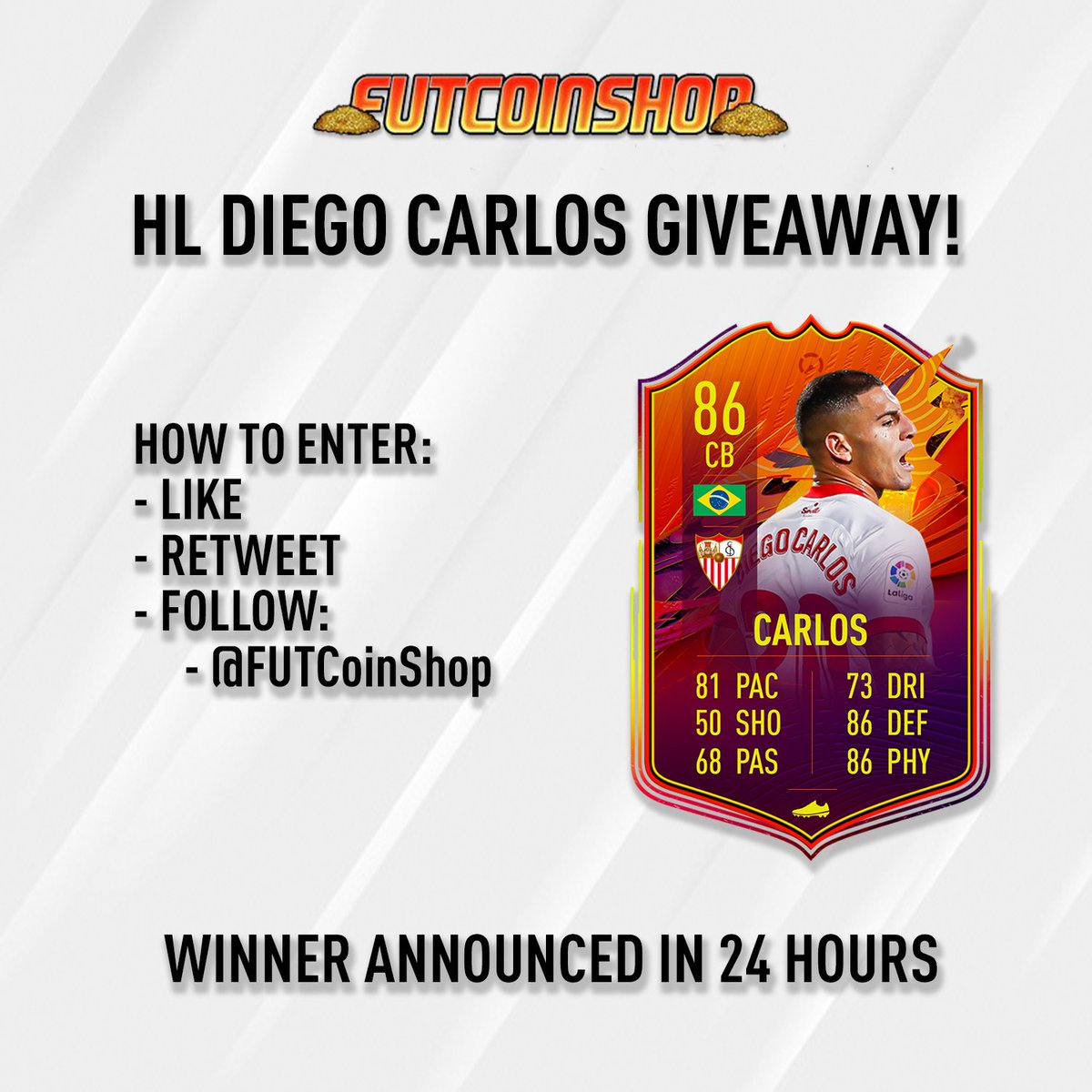 FUTCoinShop's tweet photo. 🚨 Headliner Diego Carlos Giveaway 🚨

How to enter:

❤️ + 🔁 + ✅ (follow)

Winner announced in 24 hours 🏅

Good luck! 👊

#FUT #FIFA21 #FUT21 #TOTY https://t.co/NTGcf7xiHd