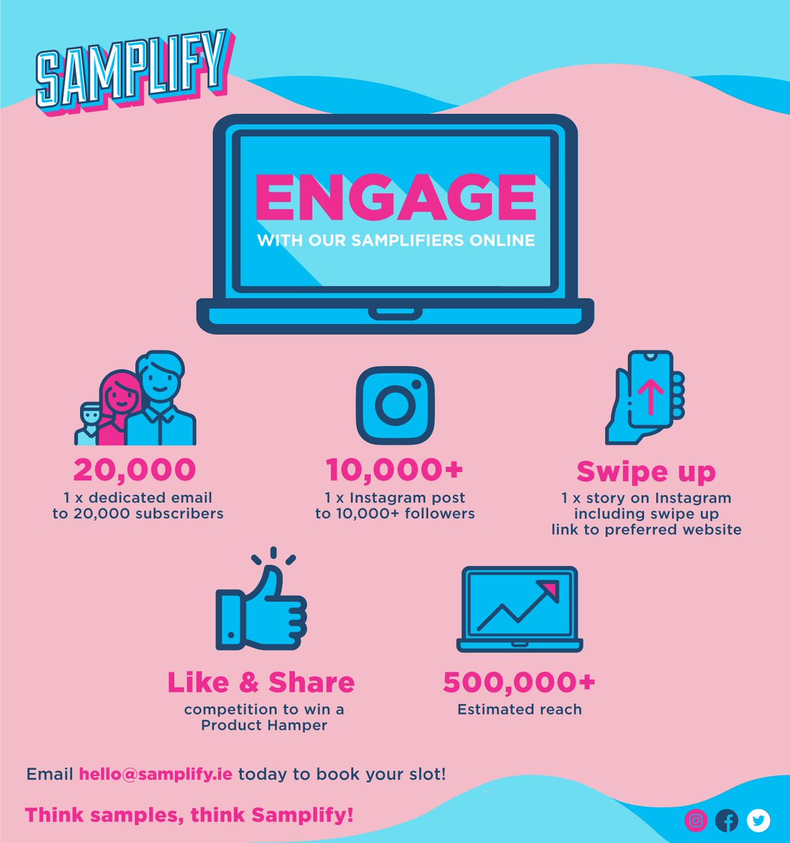 Introducing Samplify Engage, our new offering that enables brands to interact with our audience online. Contact hello@samplify.ie for more details!