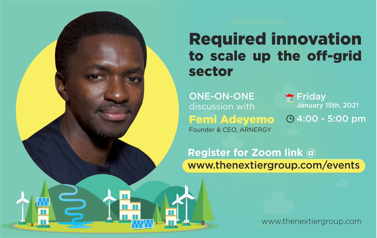 1 HOUR TO GO!

Join us today by 4pm for a one-on-one discussion with 
<a href="/femiadeyemo/">Femi Adeyemo</a>, Founder &amp; CEO, <a href="/arnergy/">Arnergy</a>. 

Theme: Required innovation to scale up the off-grid sector. 

Register for zoom link @ thenextiergroup.com/events