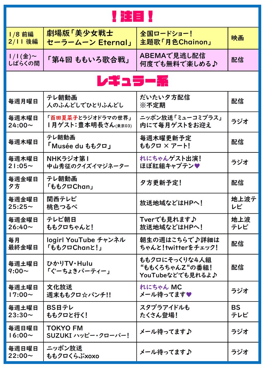 ももクロインフォ公式 ももクロ予定表 オススメピックアップ 1 16 16時 スタプラアイドルフェス ラジオ 1 16 15 夏菜子カネオくん 1 17 Ae Super Sale最終日 1 れにちゃん表紙capa発売 公式lineスタンプ発売中 しおりんpdf発行 逃げ