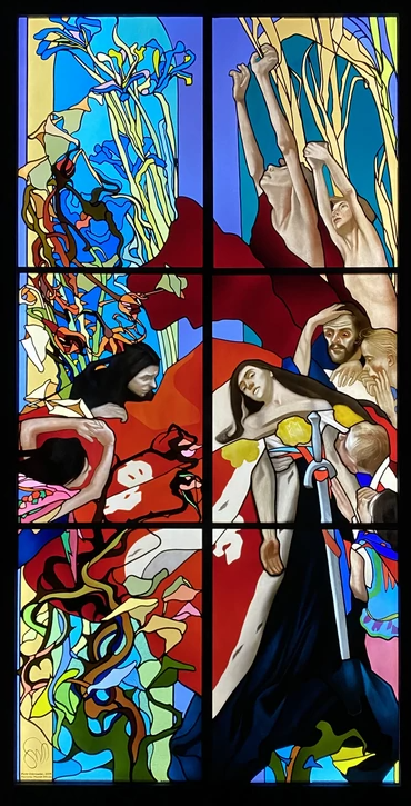 This design was intended for Lwów/Lviv Cathedral as a statement on Polish identity. ‘Polonia’ shows the King with a female Poland personified, a girl dressed in Krakovian costume, & the Virgin Mary. The folk styles meant the work was rejected. It was finally recreated in 2019 7/