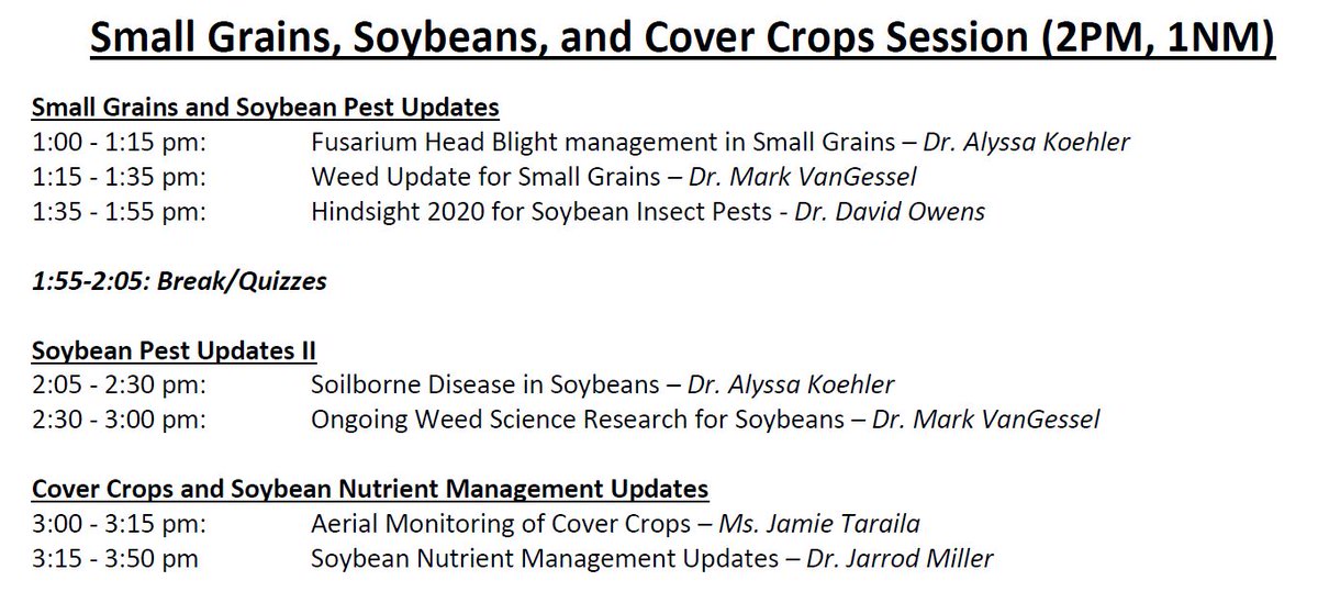 DE Agronomy Day is currently approved for 2 MD/DE Nutrient, 4 DE Pest (Private and 1A), and CCA Credits: 4PM, 1.5NM, 0.5PAg.

You may choose to attend only the morning or afternoon sessions, even though you register for the full day: www1.udel.edu/uLink/7960