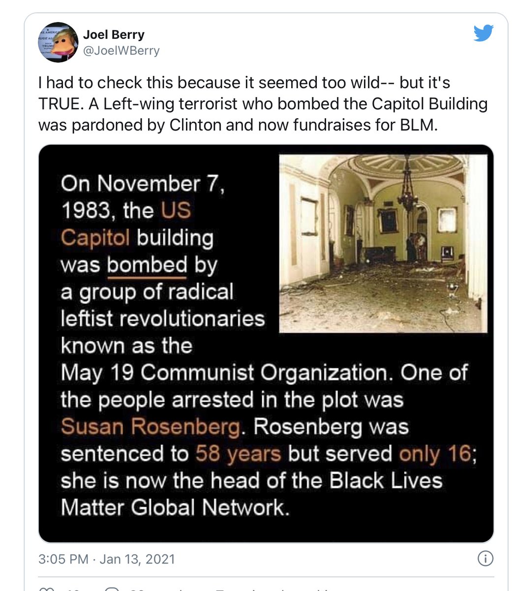 K9Mass's tweet photo. @antoinetteA Wouldn’t surprise me. Clinton pardoned a terrorist responsible for a bombing in the United States but that was OK because he’s a Democrat. https://t.co/Q0Zjf6GG4i