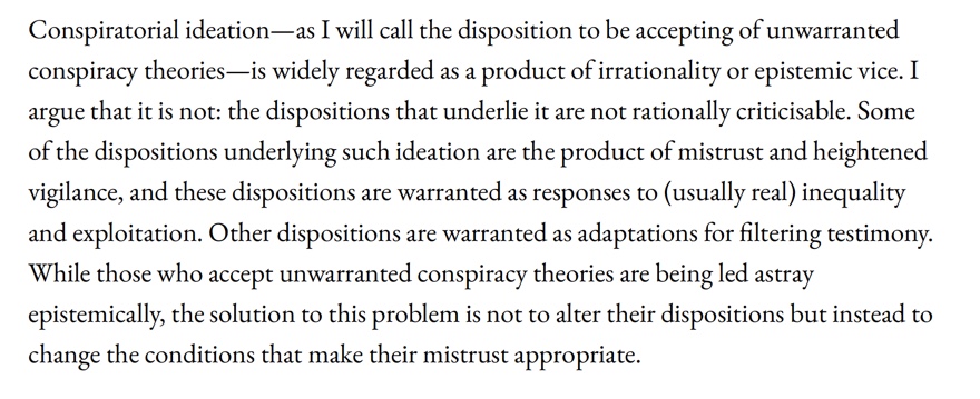 Third reading (courtesy of our  #PhilMHRG): Neil Levy on the (ir)rationality of conspiracy theories  #52papers  https://social-epistemology.com/2019/10/09/is-conspiracy-theorising-irrational-neil-levy/