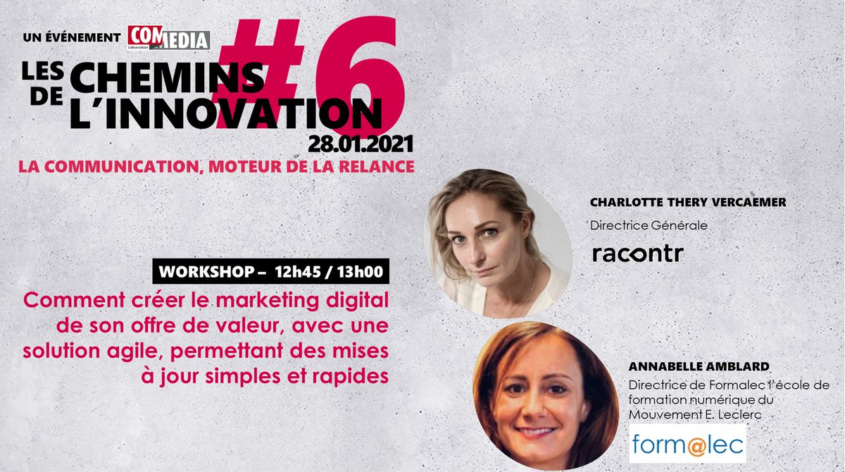 Participez aux Chemins de l’innovation #6, une journée 100% en ligne le 28 janvier 2021 !

#workshop de Racontr avec Charlotte Thery Vercaemer, DG <a href="/racontR/">RacontR</a> , et Annabelle Amblard, Directrice FORMALEC.

Rejoignez-nous à ce RDV interactif : lnkd.in/d5pMEDM