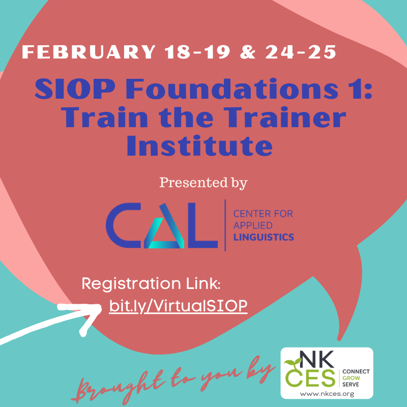 📅We are so excited to be hosting the Virtual SIOP Foundations training with CAL on February 18-19 &amp; 24-25! 8⃣‼️ We only have 8 spots left!✅Sign up by 1/22 to reserve your spot! Please share this post!🌱 bit.ly/VirtualSIOP
<a href="/NKCESKids1st/">NKCES</a> <a href="/CAL_Linguistics/">Center for Applied Linguistics (CAL)</a>