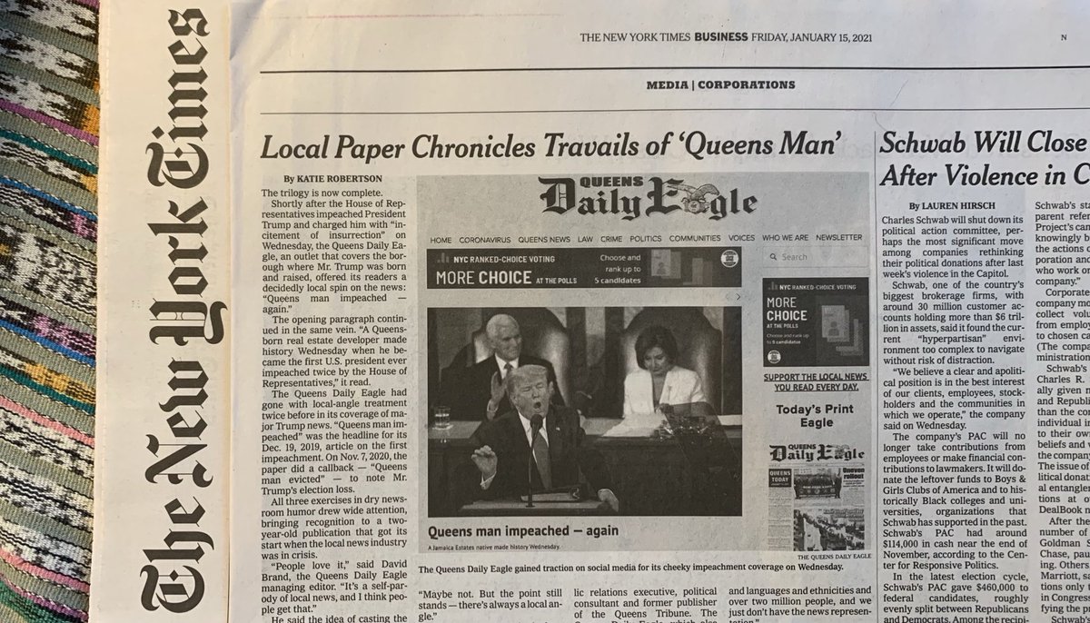 carol_weston's tweet photo. Gray Lady writes up local paper, the Queens Daily Eagle. 😂 They’re putting a local spin on world affairs: “Queens man impeached —again.” @QueensEagle #journalism https://t.co/c2PQPSk0fg