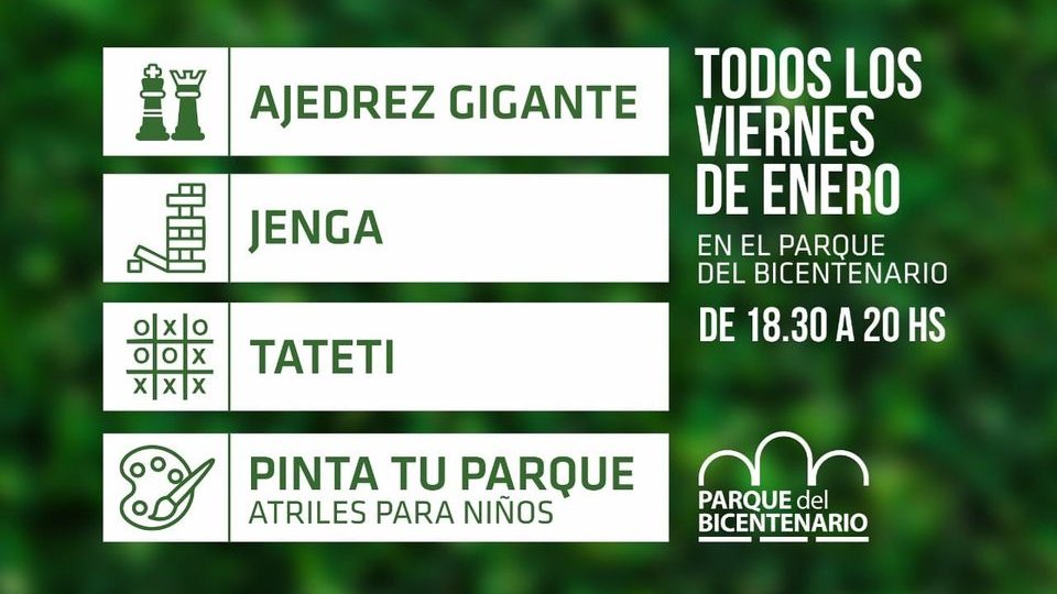 ♟️VIERNES DE JUEGOS EN EL PARQUE DEL BICENTENARIO♟️

Las propuestas para enero son actividades individuales y en equipo para todas las edades, que se realizan los viernes de 18.30 a 20 hs.

Leer más👉 bit.ly/juegosveranopb