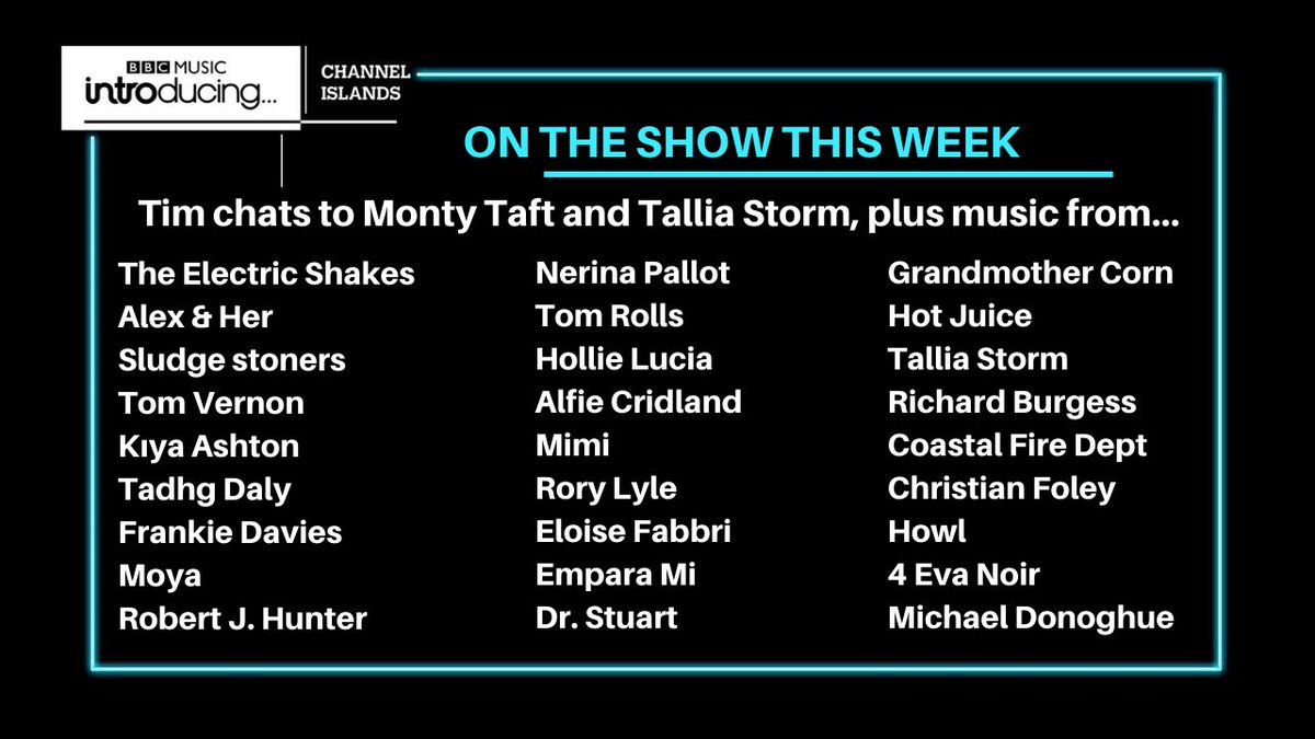 BBC Music Introducing in the Channel Islands (@bbcintroci) on Twitter photo Tomorrow night from 8pm, we're bringing you the latest local music!
<a href="/Tim__Hunter/">Tim Hunter</a> will be chatting to <a href="/MontyTaft/">Monty Taft</a> & <a href="/Tallia_Storm/">TALLIA STORM</a>, we've got a tip from @adamgeorgewf, @AlfieCridland, plus music from <a href="/TomVernon20/">Tom Vernon</a>, <a href="/tadhg_official/">tadhg daly</a>, <a href="/FrankieDaviesUK/">Frankie Davies</a>, <a href="/thisismoya/">MOYA Official</a>, @EmparaMi & more 🤩 Tomorrow night from 8pm, we're bringing you the latest local music!
<a href="/Tim__Hunter/">Tim Hunter</a> will be chatting to <a href="/MontyTaft/">Monty Taft</a> & <a href="/Tallia_Storm/">TALLIA STORM</a>, we've got a tip from @adamgeorgewf, @AlfieCridland, plus music from <a href="/TomVernon20/">Tom Vernon</a>, <a href="/tadhg_official/">tadhg daly</a>, <a href="/FrankieDaviesUK/">Frankie Davies</a>, <a href="/thisismoya/">MOYA Official</a>, @EmparaMi & more 🤩