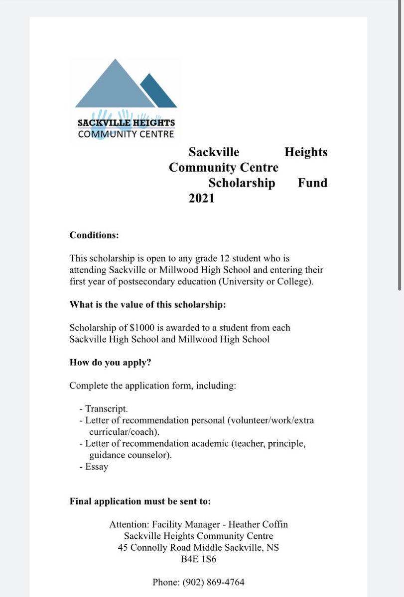 MHSGuidance11's tweet photo. Sackville Heights Community Centre Scholarship- link is on the classroom. Due April 1, 2021. $1000 for grade 12 student at MHS or SHS going to post- secondary. https://t.co/D0Afn8b6QA