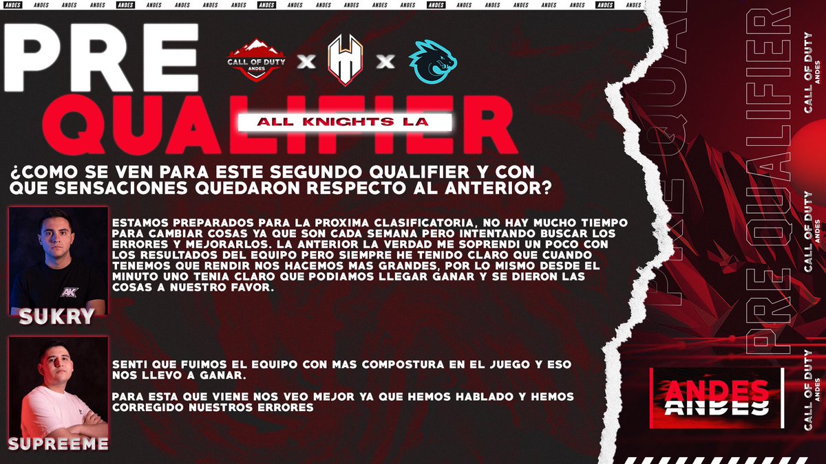 CODAndesGG's tweet photo. #PreQualifier - @allknights_la.

Entrevistamos a los jugadores del equipo de All Knights respecto a su Qualifier realizado por @h3lltournaments.

Mira lo que nos dijeron!

@AaronSukry 🇨🇱
@SupreemeXO 🇨🇱

#PoderAndino https://t.co/oNzVf69Jzz